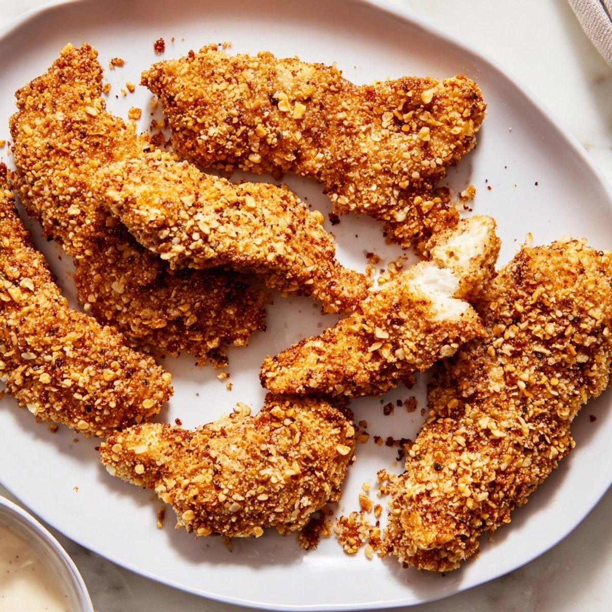 Freshly baked chicken tenders with a crispy panko-and-cornflake crust, ready for dipping.
