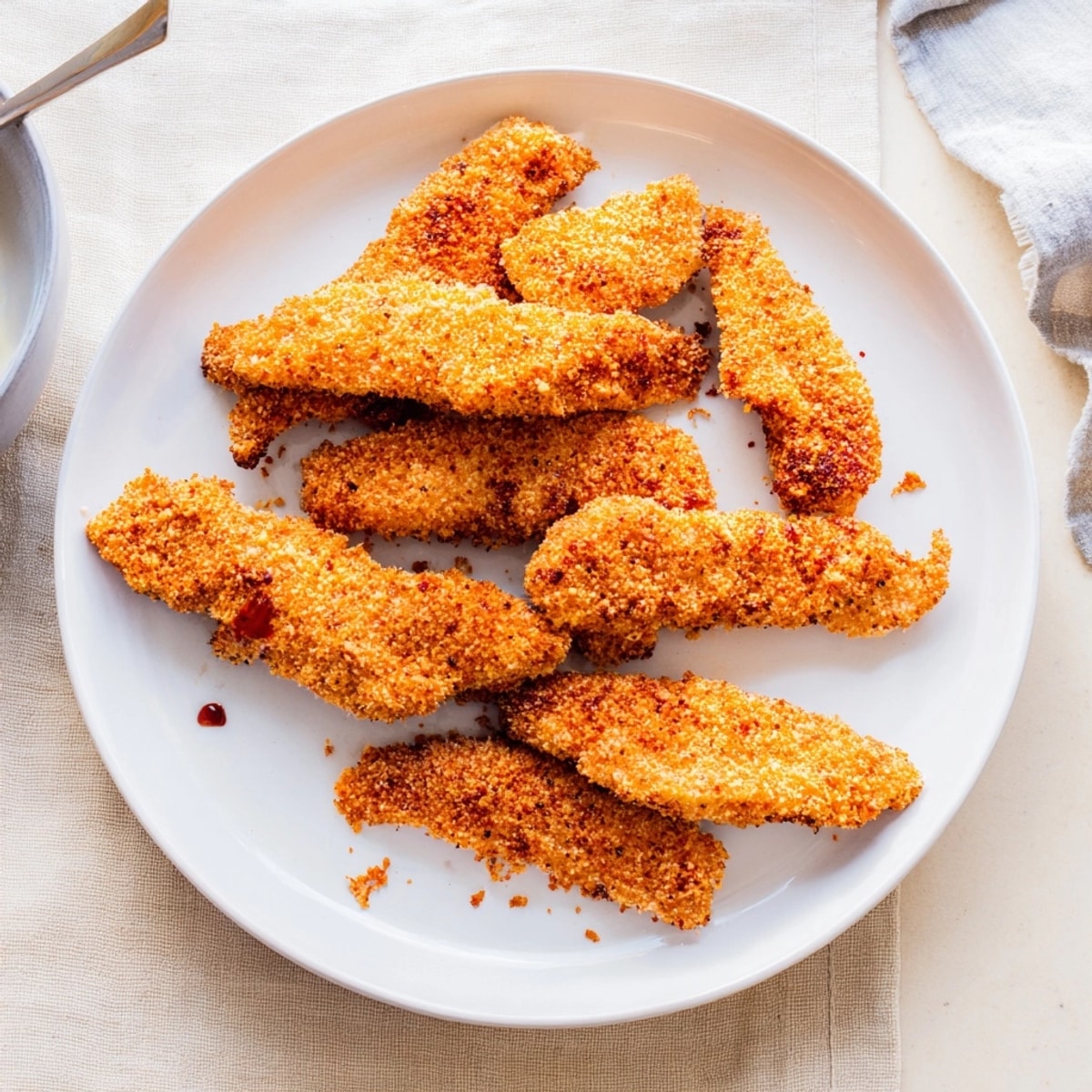 Juicy Crispy Baked Chicken Tenders arranged on parchment, inviting for family dinner night.