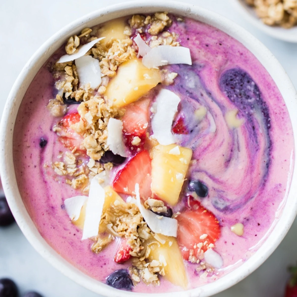 A refreshing bowl of Breakfast Smoothie Packs, featuring vibrant blended fruit topped with fresh, healthy ingredients.