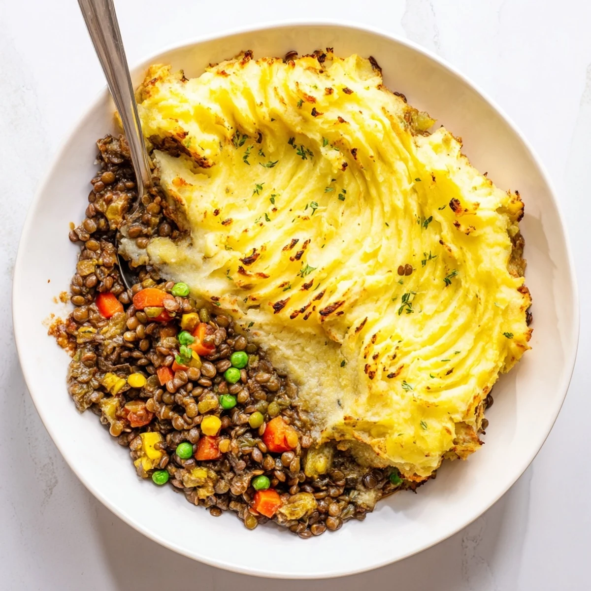 Golden-topped Hearty Lentil Shepherds Pie, a comforting vegetarian meal with a savory lentil filling.