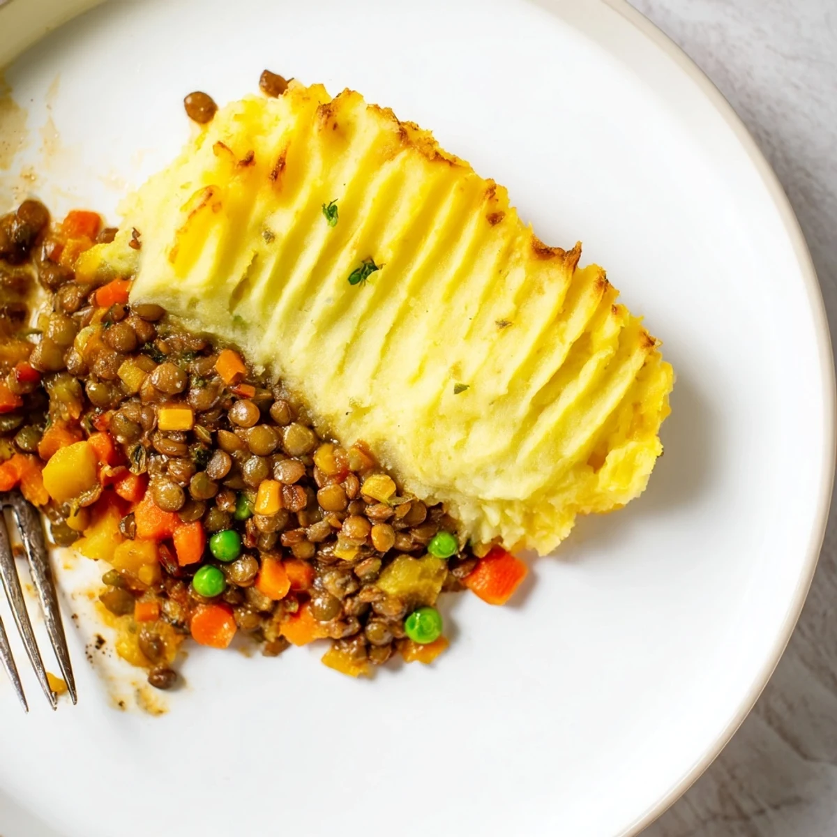 Close-up of a bubbling Hearty Lentil Shepherds Pie, a delicious vegetarian comfort food dish.