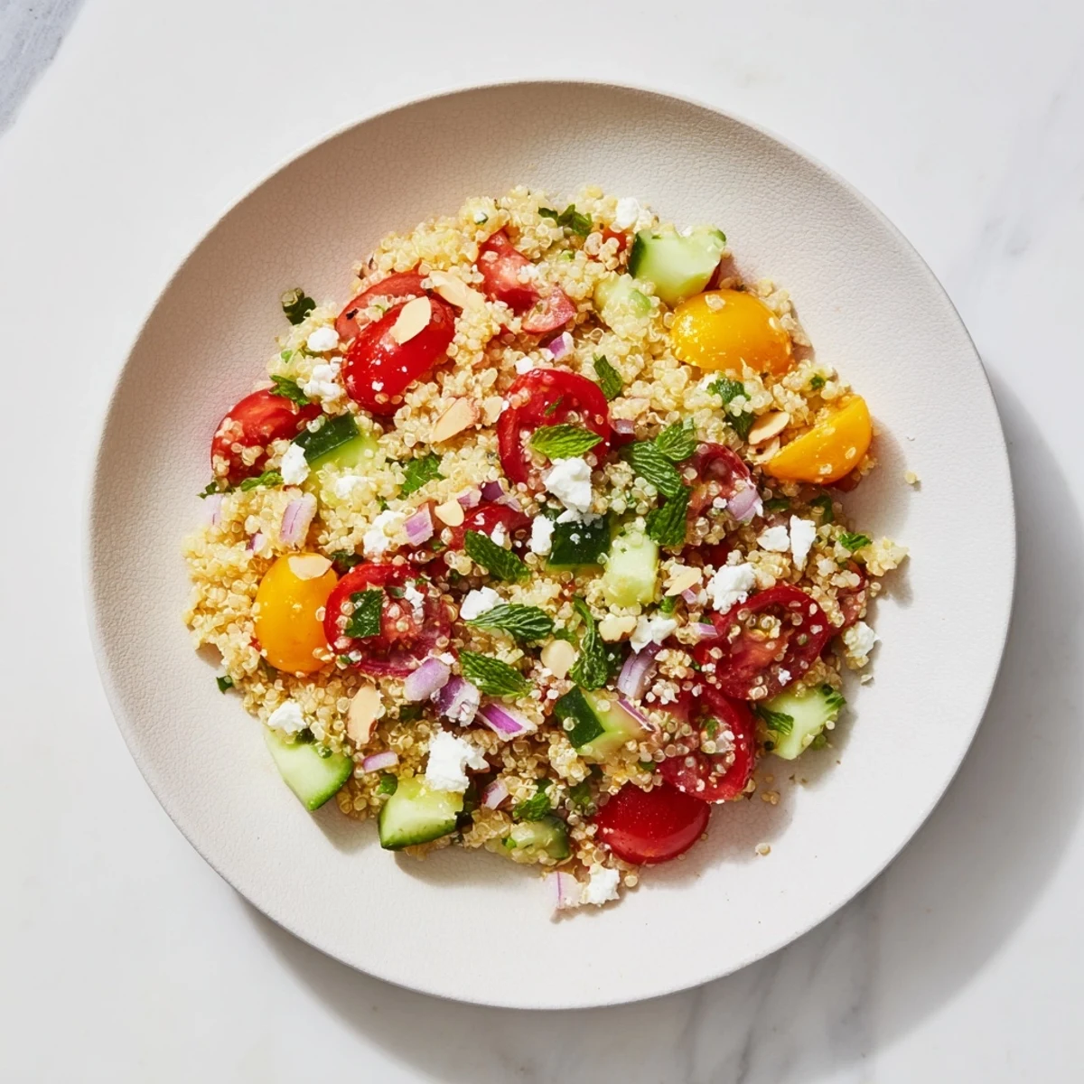 Make-Ahead Quinoa Salad with Lemon Vinaigrette showcases a brightly colored mix of fresh vegetables with fluffy quinoa.