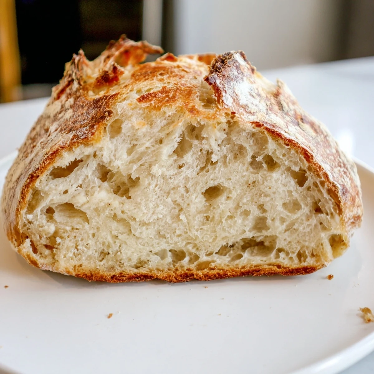 Crusty, golden-brown loaf of The Best Easy No-Knead Bread cooling on a wire rack, ready to slice.