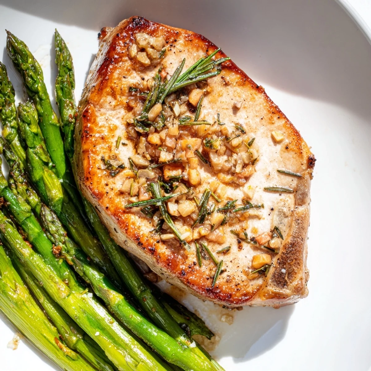Tender One-Pan Lemon Herb Pork Chops with asparagus, golden-brown from searing, ready to eat.