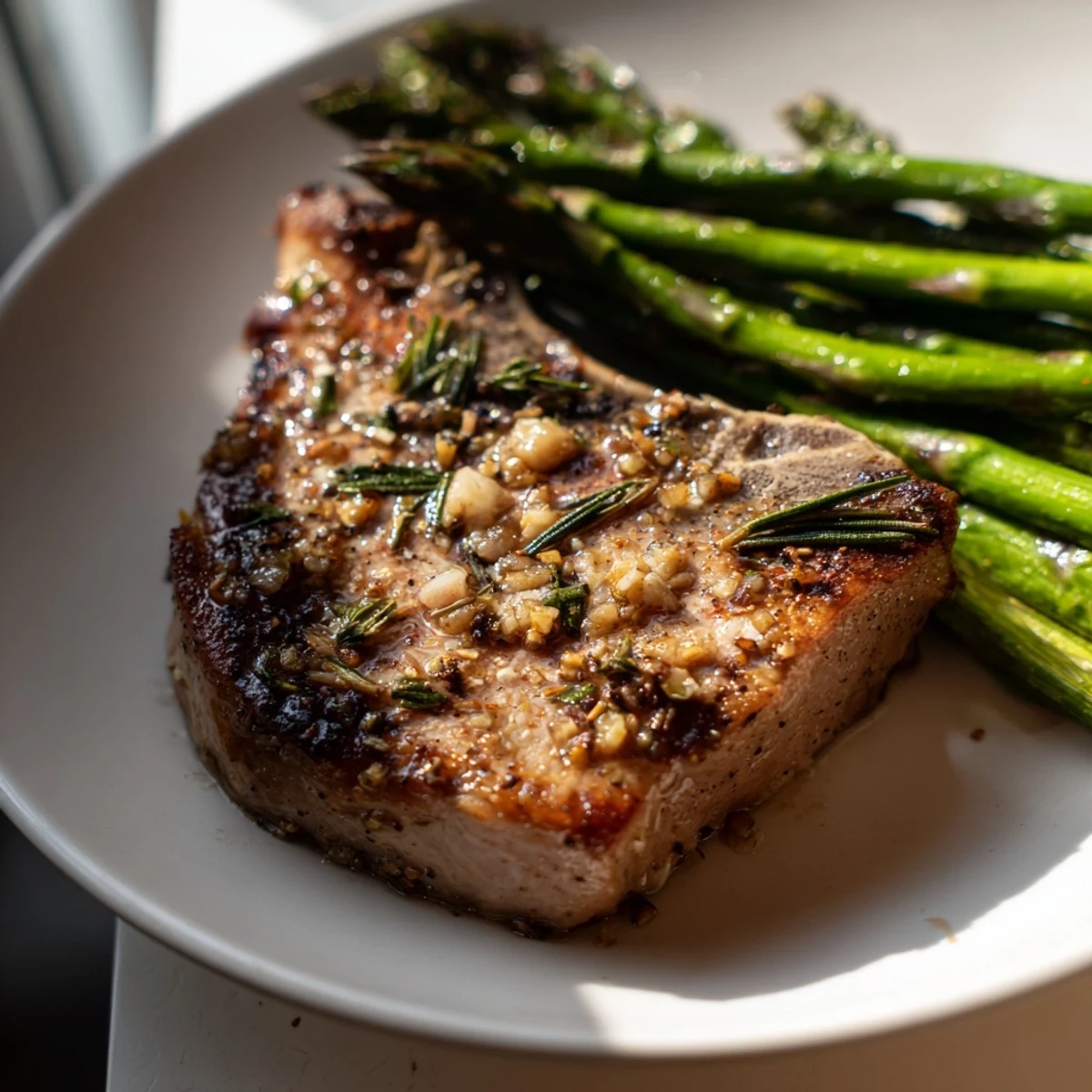 Roasted One-Pan Lemon Herb Pork Chops and asparagus, glistening with olive oil and fresh herbs.