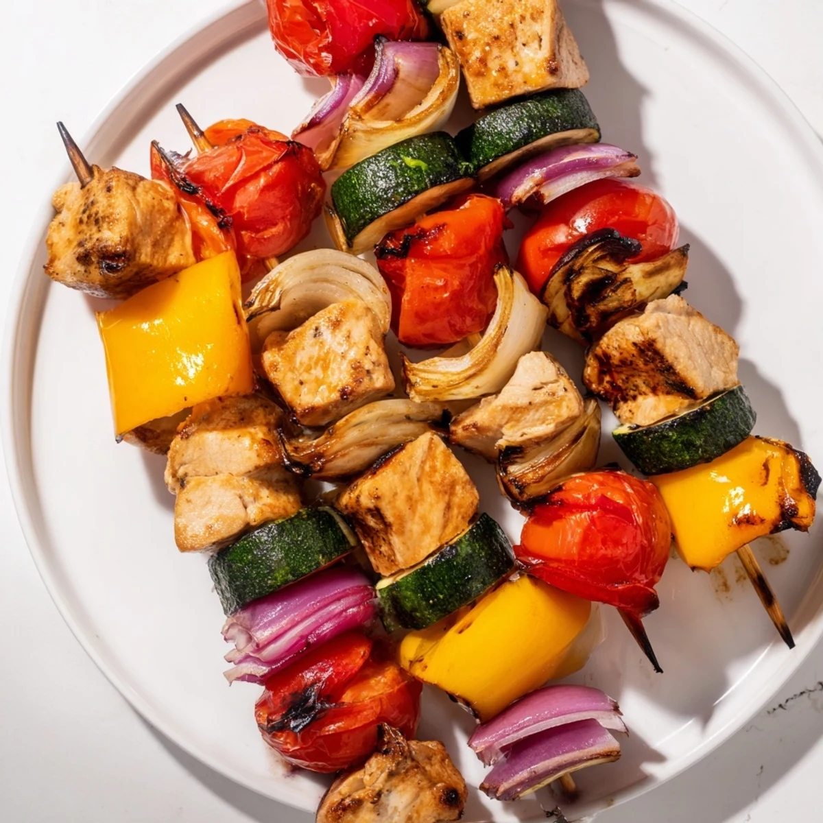 Freshly grilled Chicken and Veggie Skewers, served with juicy tomatoes and tender, marinated chicken pieces.