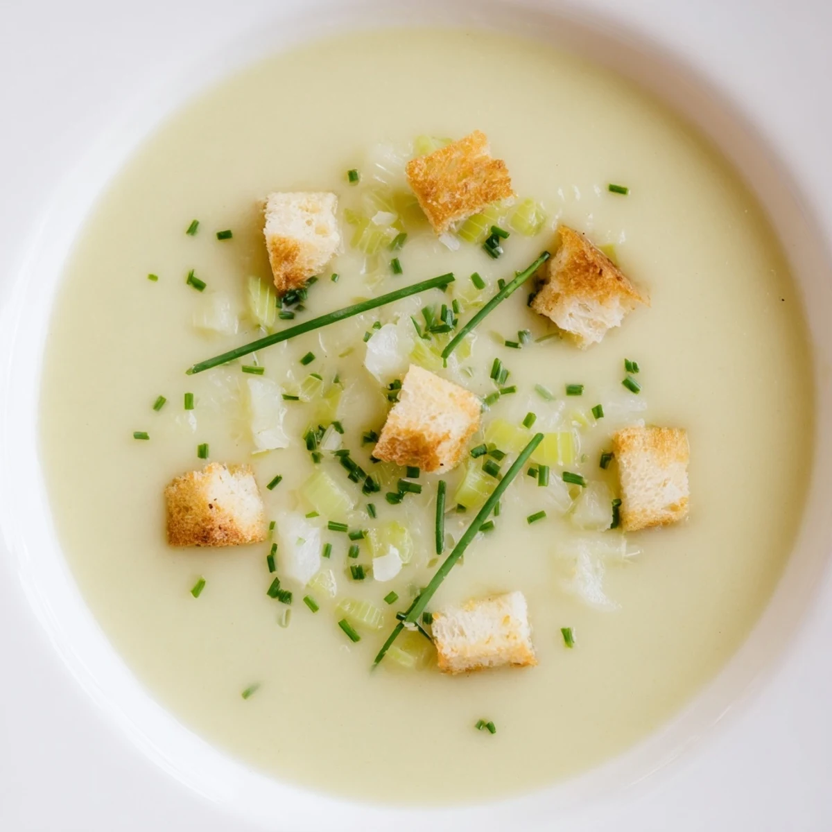 Golden-hued Quick & Simple Potato and Leek Soup, perfectly seasoned, and served with a side of crusty bread.