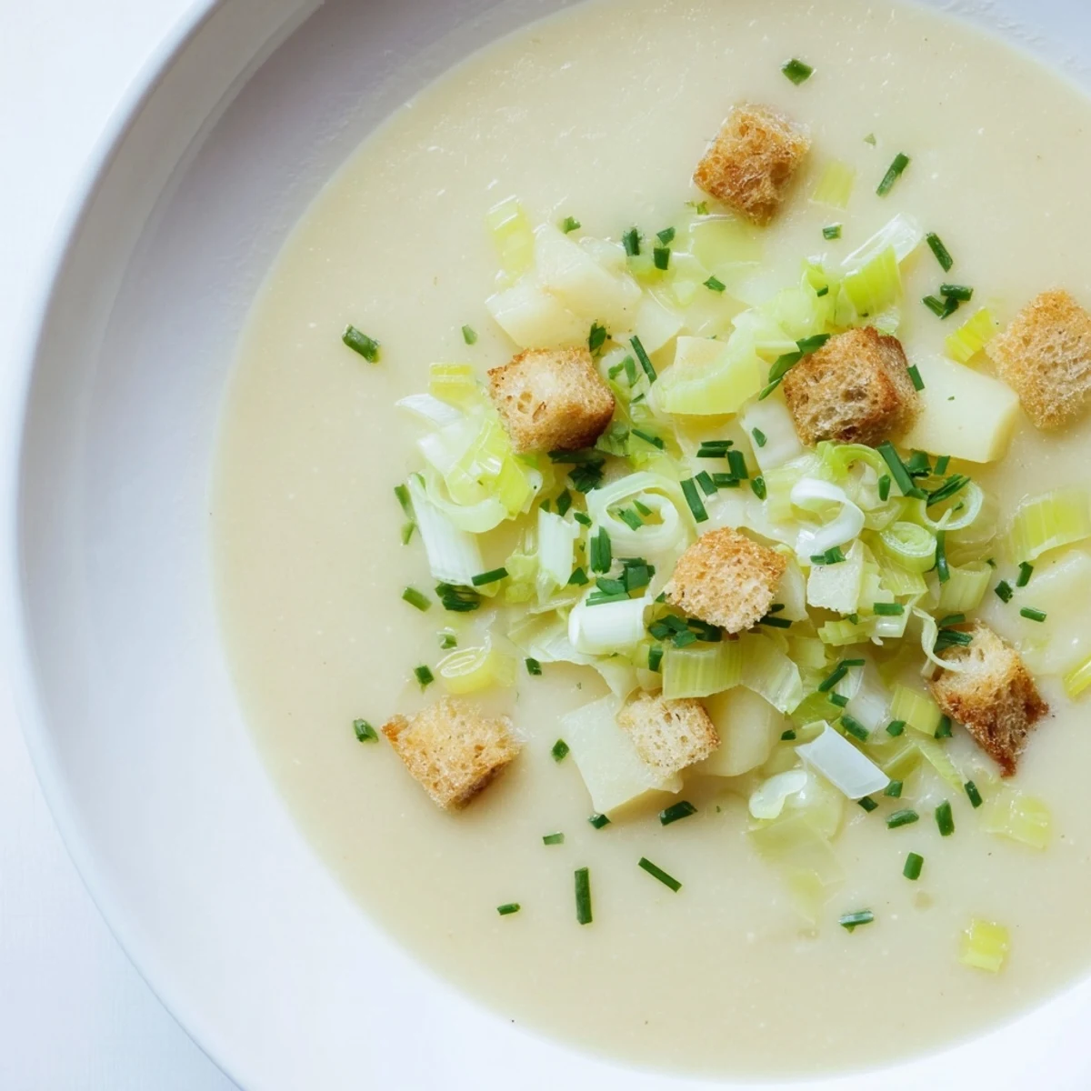 Velvety smooth Quick & Simple Potato and Leek Soup garnished with chives, ready to warm you up.