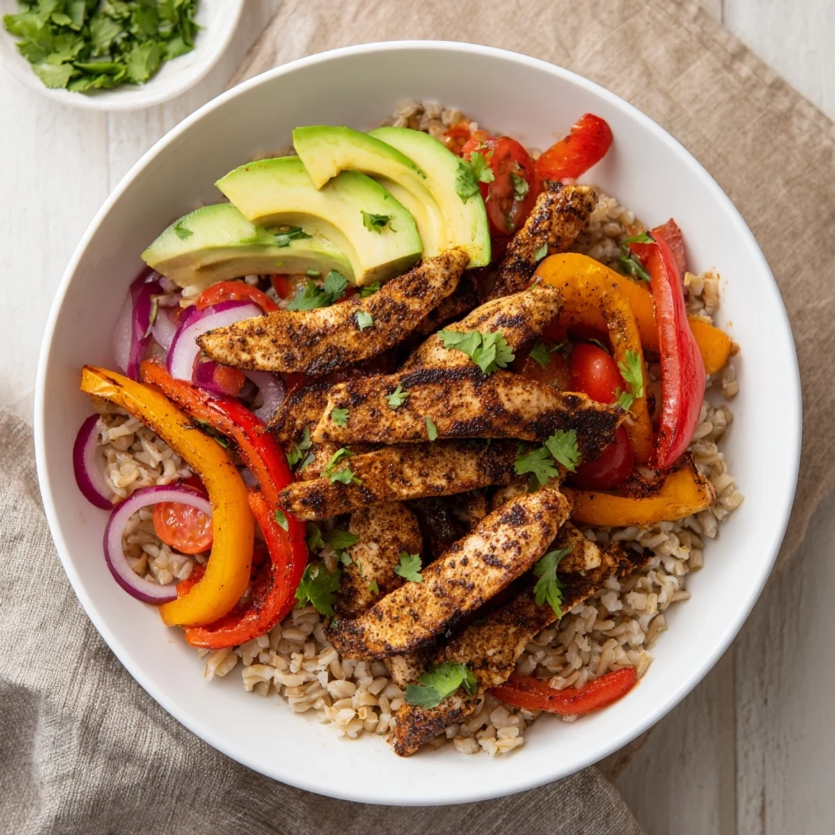 Make-Ahead Chicken Fajita Meal Prep Bowls feature tender chicken, colorful peppers, and rice; perfect meal prep.