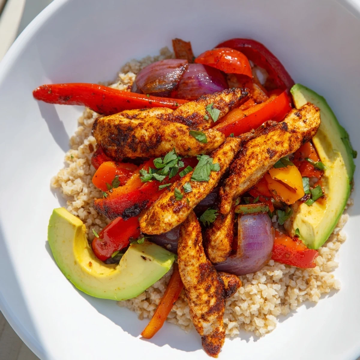 Vibrant Make-Ahead Chicken Fajita Meal Prep Bowls with fresh avocado, cilantro; a delicious, healthy lunch option.