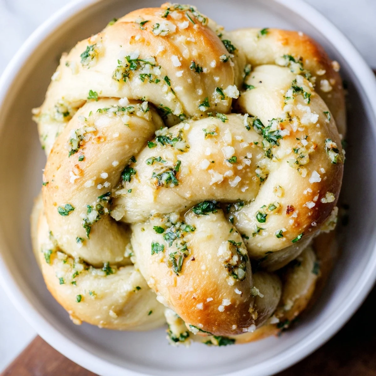 Golden-brown homemade garlic knots, glistening with garlic butter, perfect for dipping in marinara sauce.