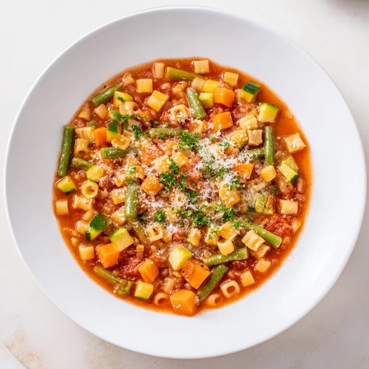 Flavorful one-pot minestrone soup, perfectly seasoned and garnished with fresh parsley and cheese.