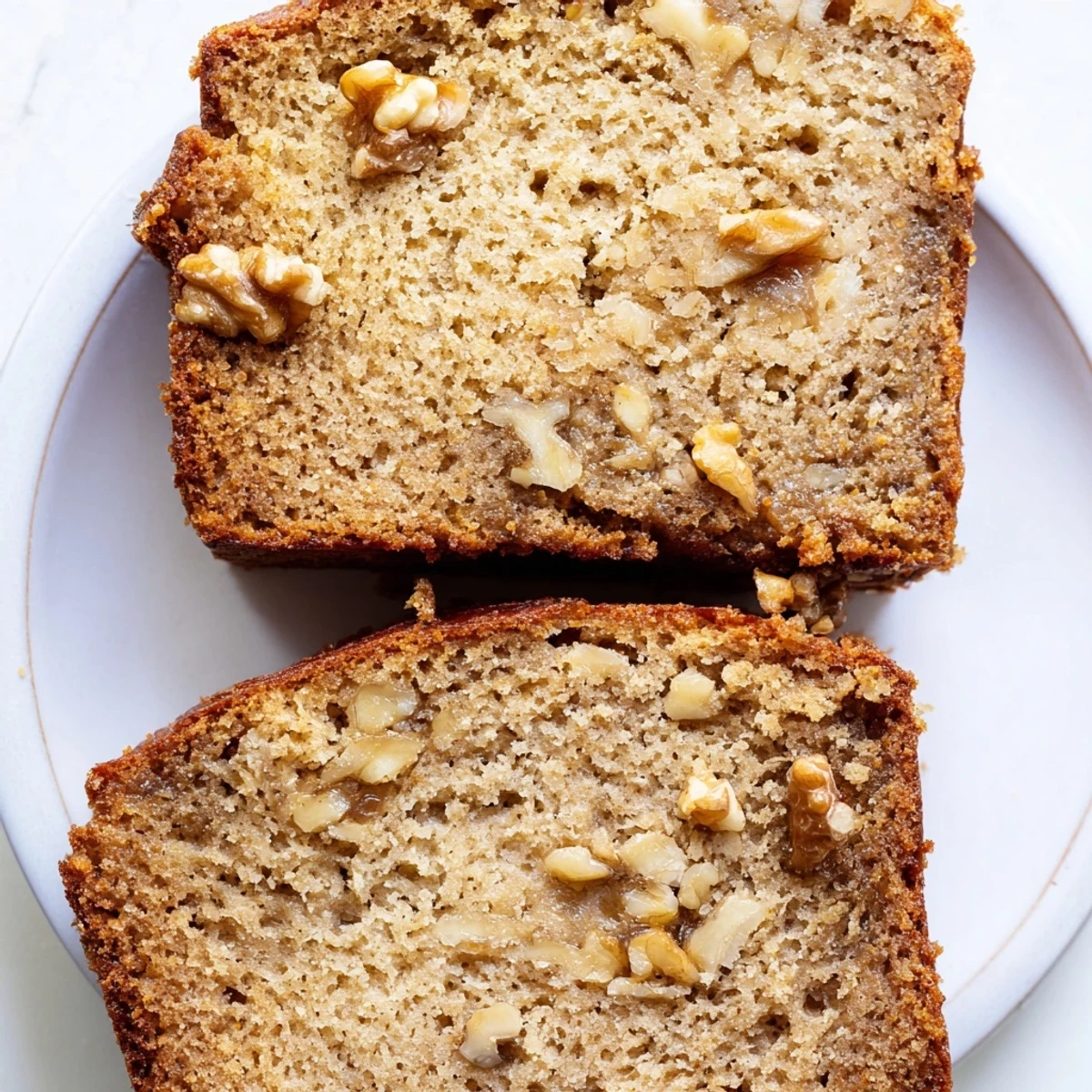 A slice of Simple Banana Bread, golden-brown and steaming, ready to enjoy.