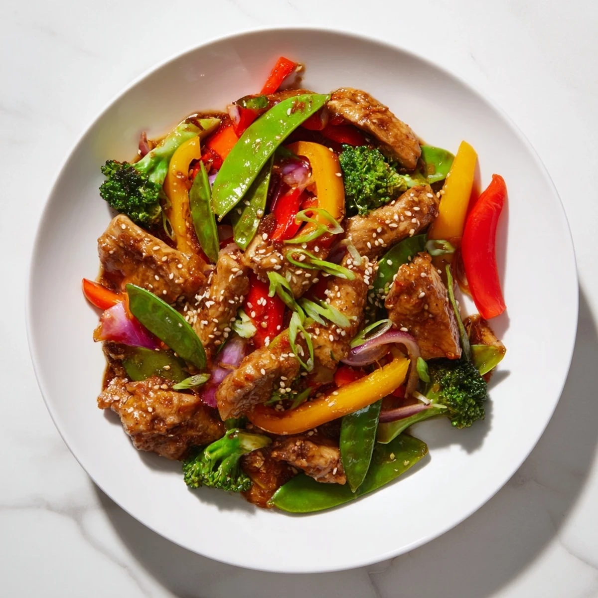 Sheet Pan Chicken Stir-Fry with tender chicken, colorful vegetables, and a glossy, savory sauce.