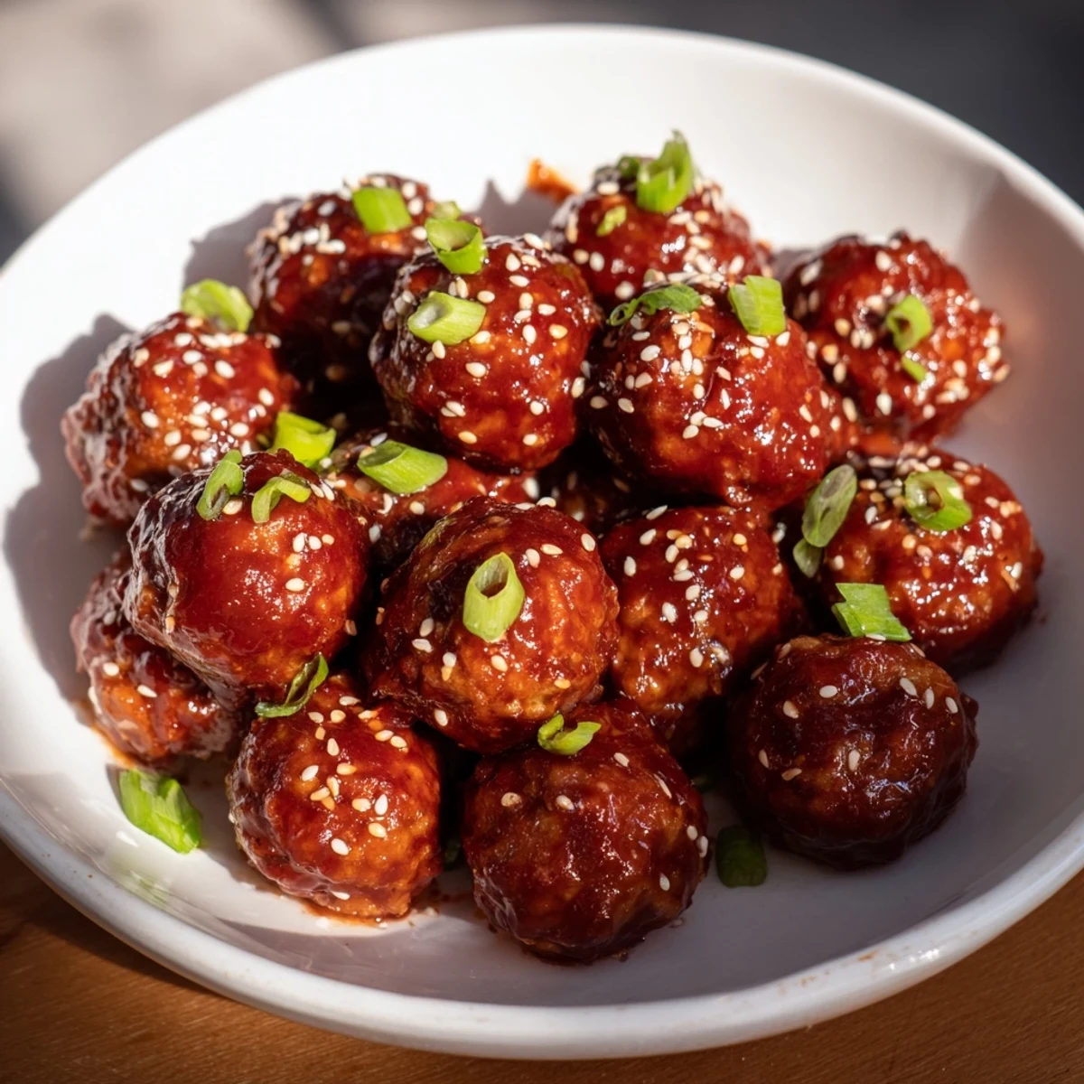 Golden brown Spicy Sriracha Honey Meatballs, glistening in a sweet and spicy glaze, ready to enjoy.