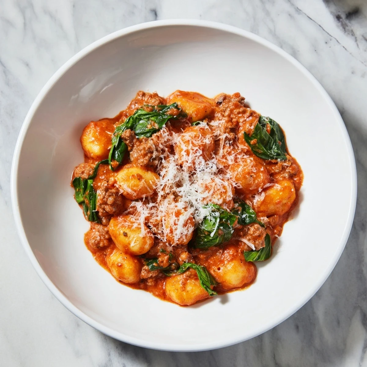 Creamy Tomato and Sausage Gnocchi bubbling in a skillet, ready to be served with fresh basil.