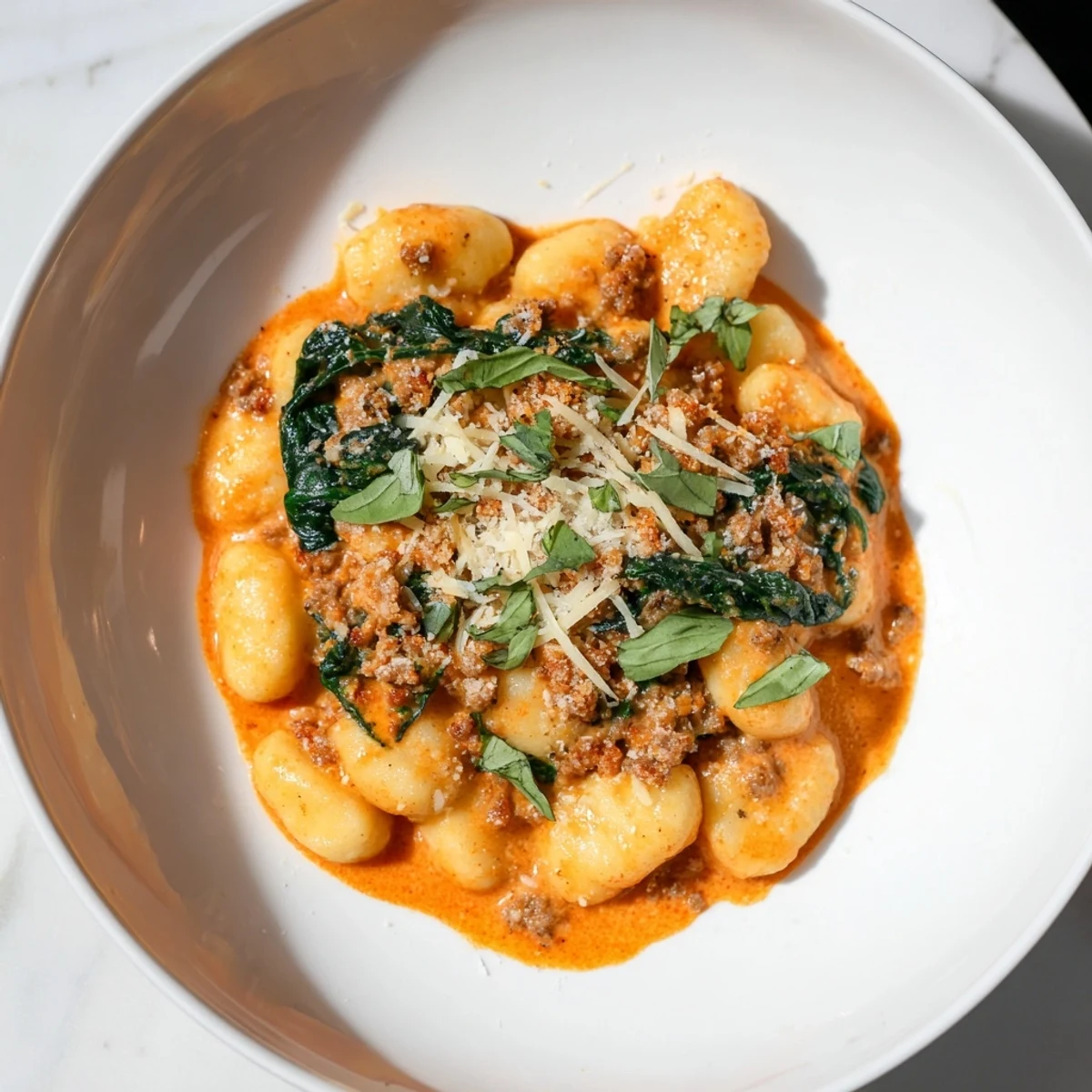 A close-up of Creamy Tomato and Sausage Gnocchi showcasing the rich, velvety tomato sauce and fluffy gnocchi.