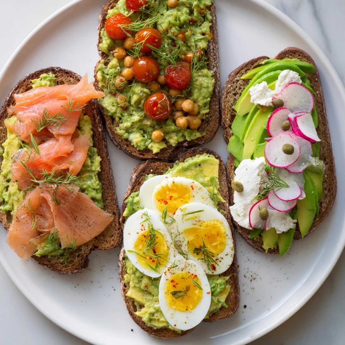 Creamy avocado toast, topped with fresh tomato and basil, a classic brunch delight.