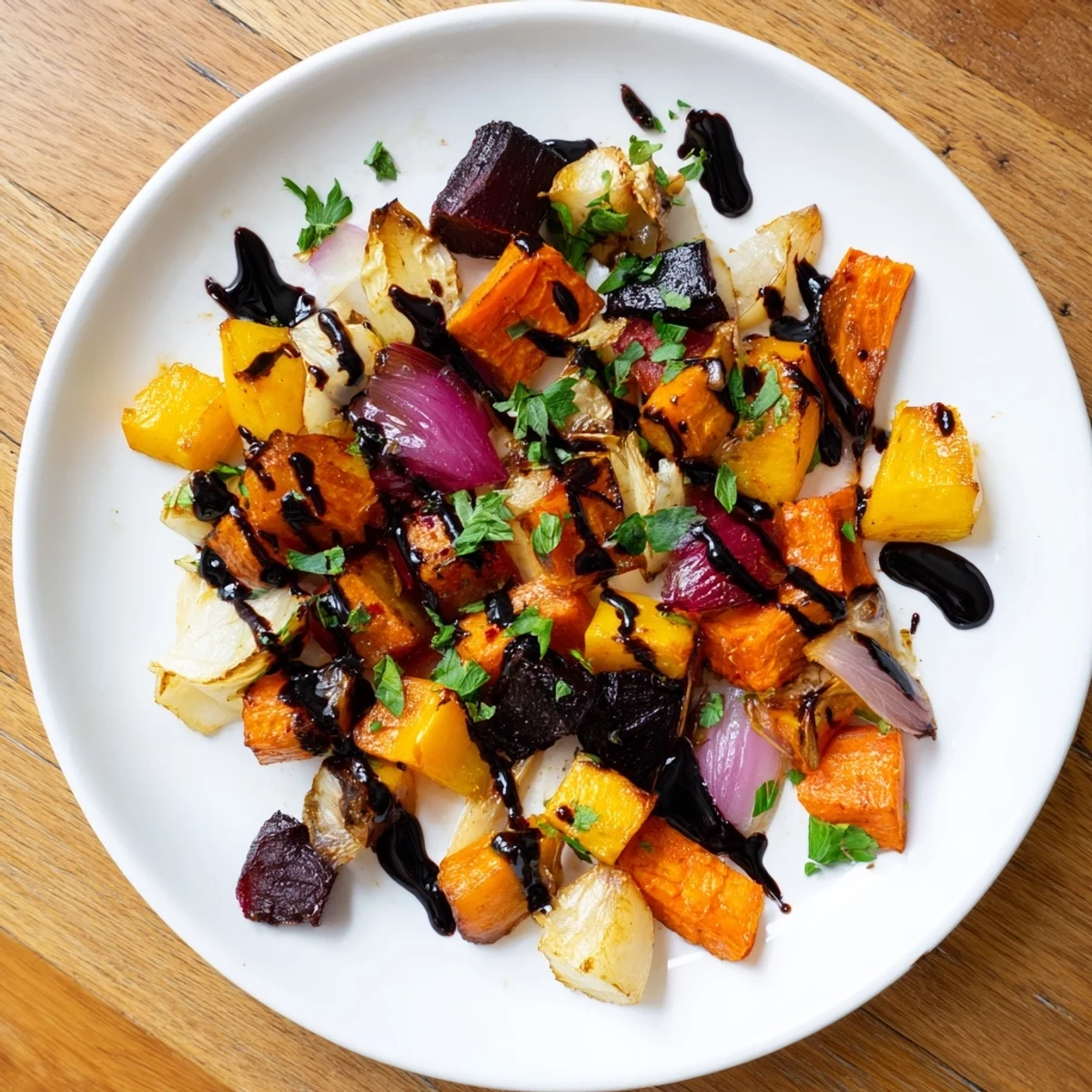 Golden-brown roasted root vegetable medley drizzled with sweet balsamic glaze, ready to serve.