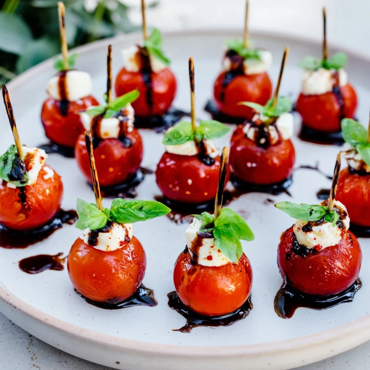 Vibrant Fresh Caprese Salad Skewers, ready to be enjoyed, showcasing the red tomatoes and white mozzarella.