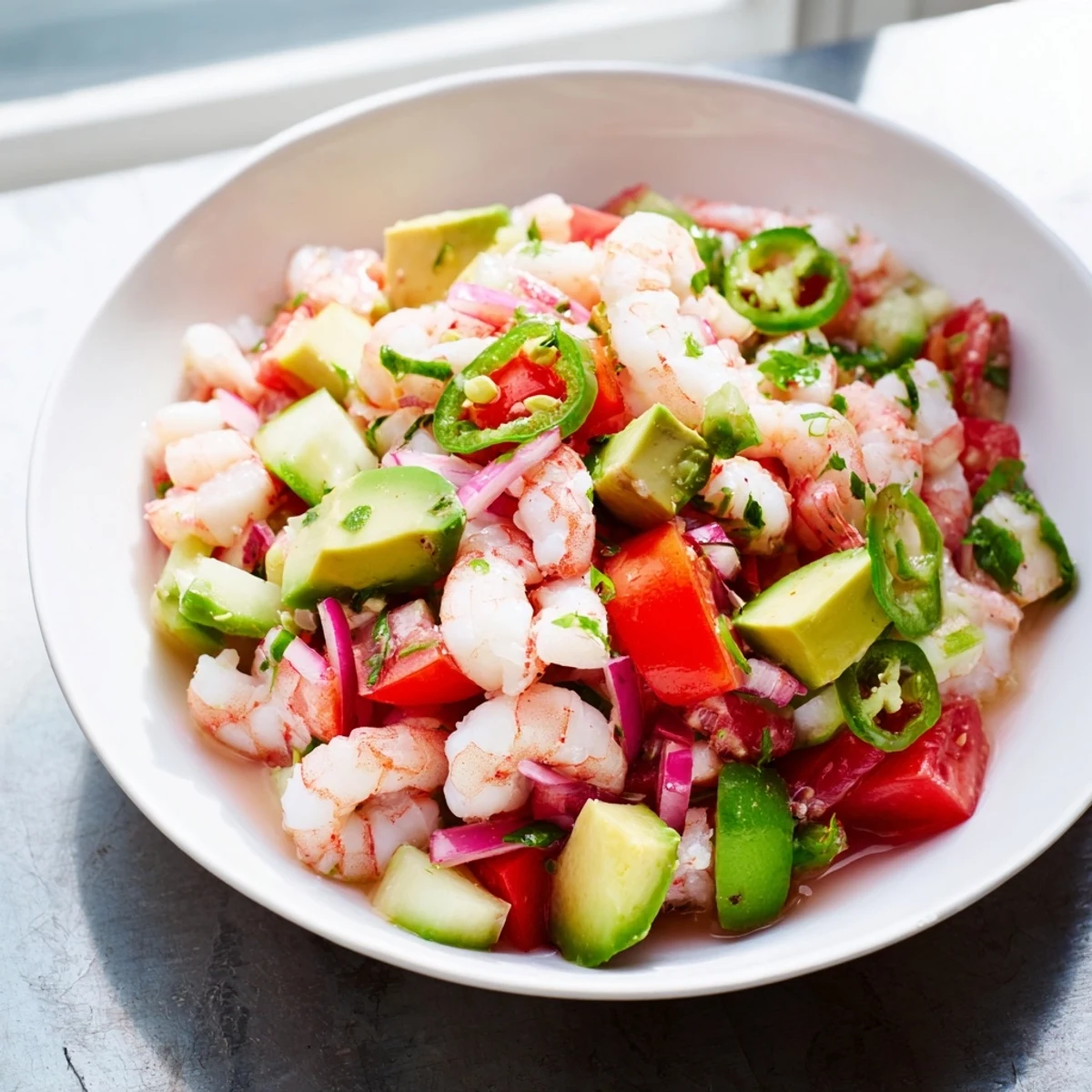 Bright, colorful shrimp ceviche is brimming with citrus marinade and fresh vegetable chunks.