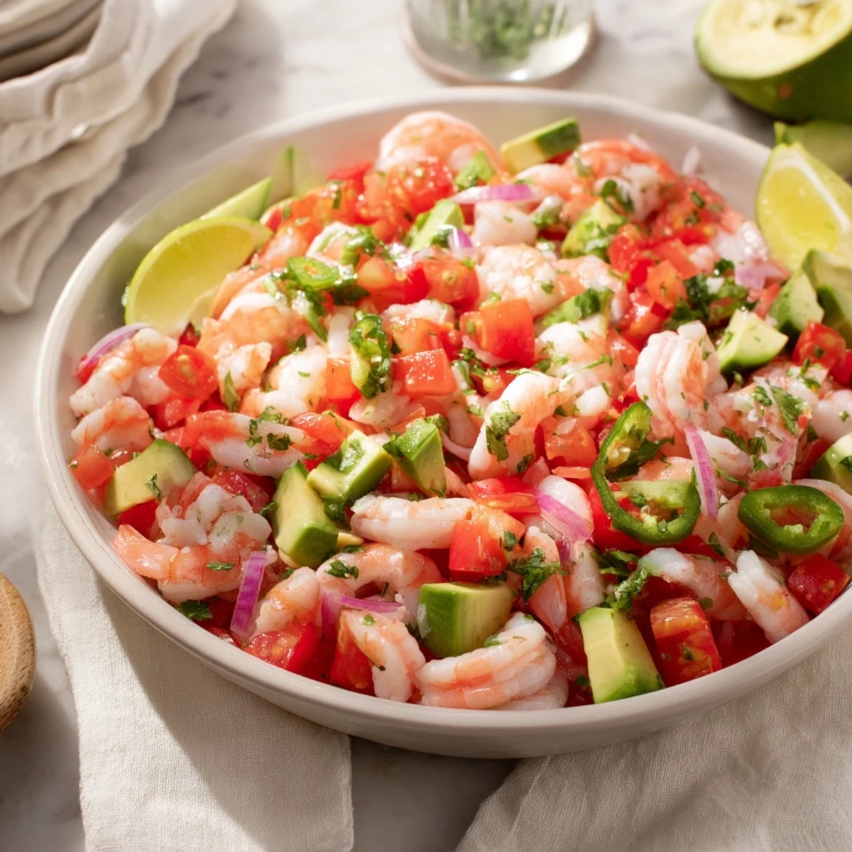 A close-up view of light & fresh shrimp ceviche, ready to be scooped up with a crispy chip.