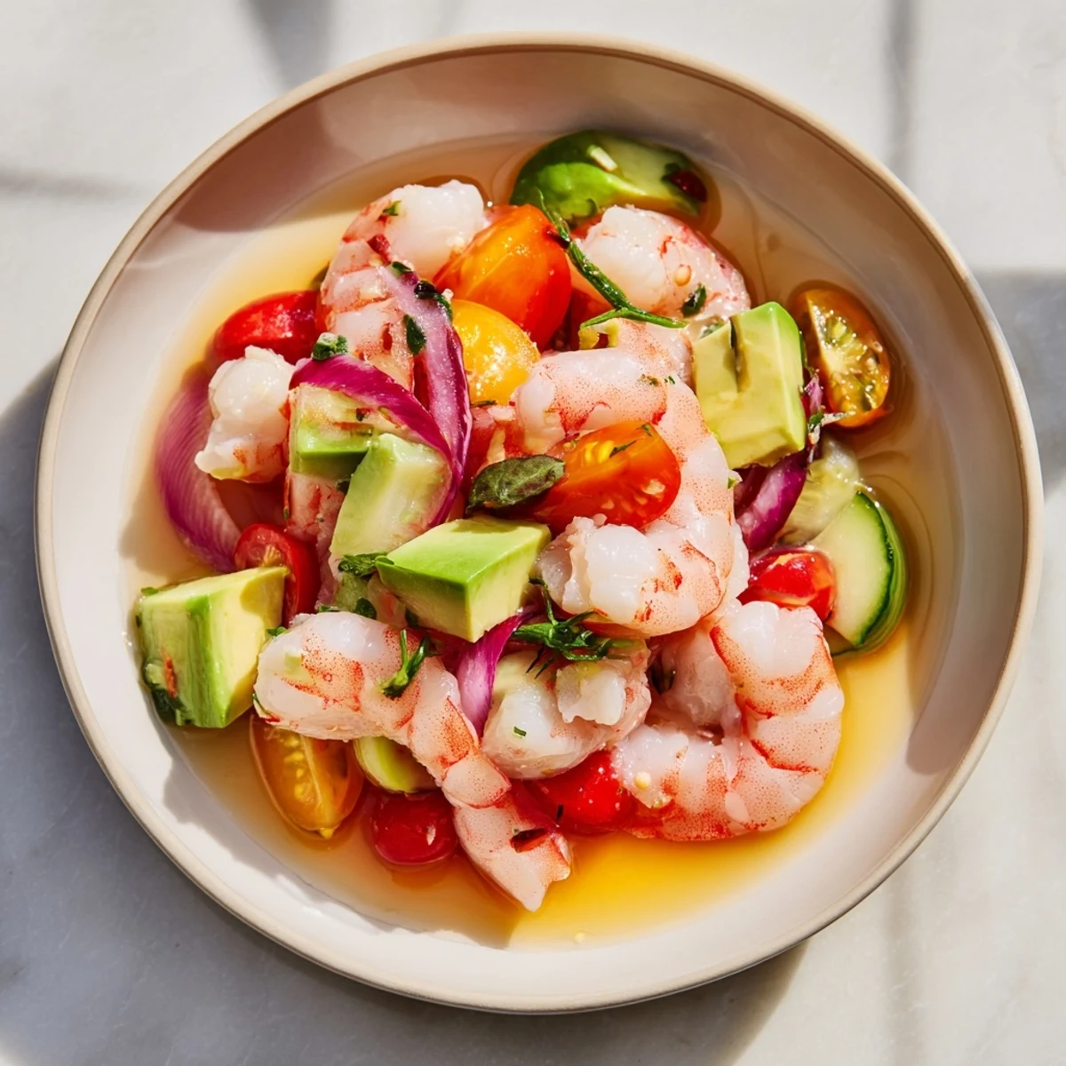 Vibrant light & fresh shrimp ceviche features tender shrimp, lime juices, and chopped colorful vegetables.