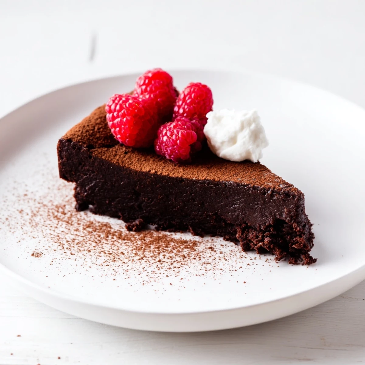 Indulge in a slice of decadent flourless chocolate cake, a fudgy dessert, dusted with cocoa.