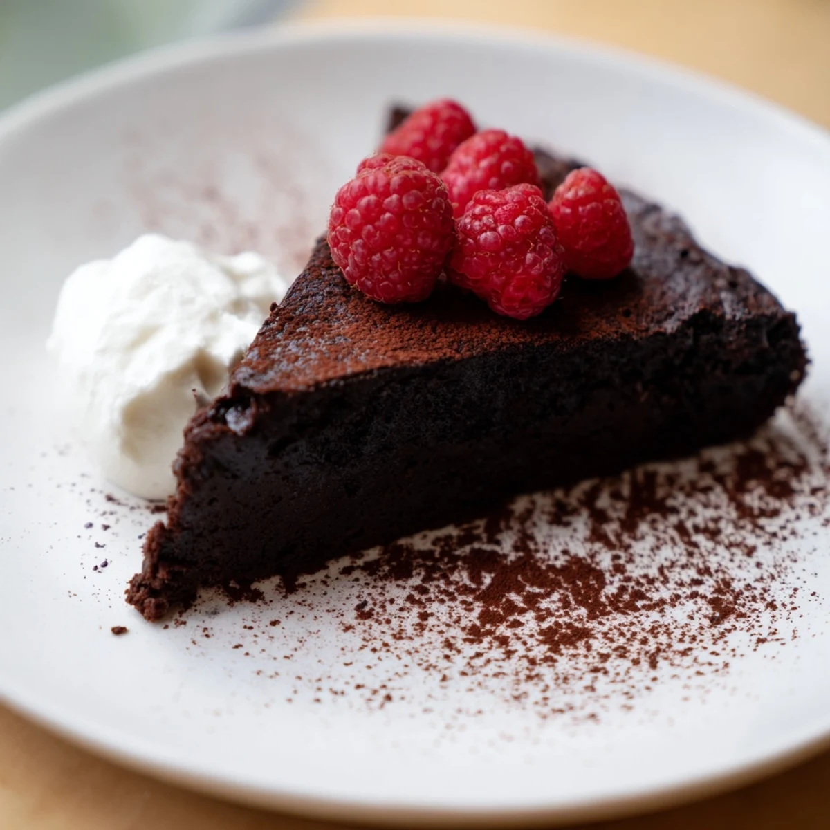This flourless chocolate cake looks incredibly rich, ready to serve with fresh berries and whipped cream.