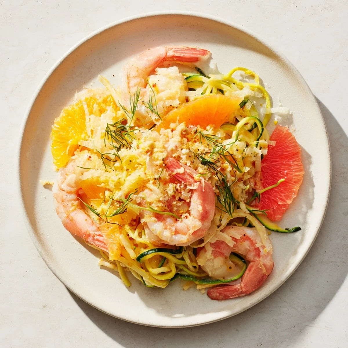 Delectable The Coral Reef dish features plump pink shrimp with bright citrus segments.