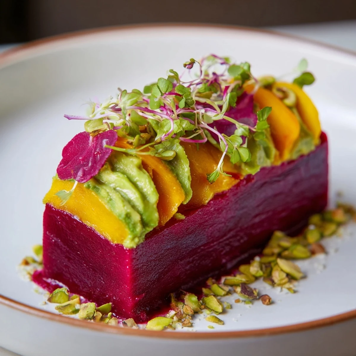 Artful presentation of The Modernist Stripe: a dramatic stripe of colorful vegetable purees with garnishes.