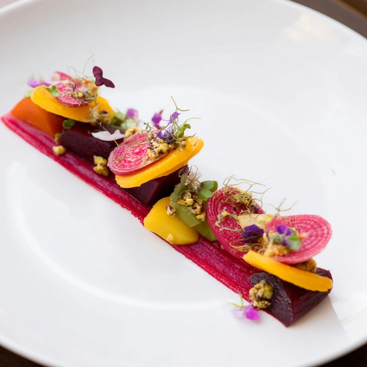 Imagine a close-up of The Modernist Stripe, a minimalist appetizer with textured layers and edible flowers.