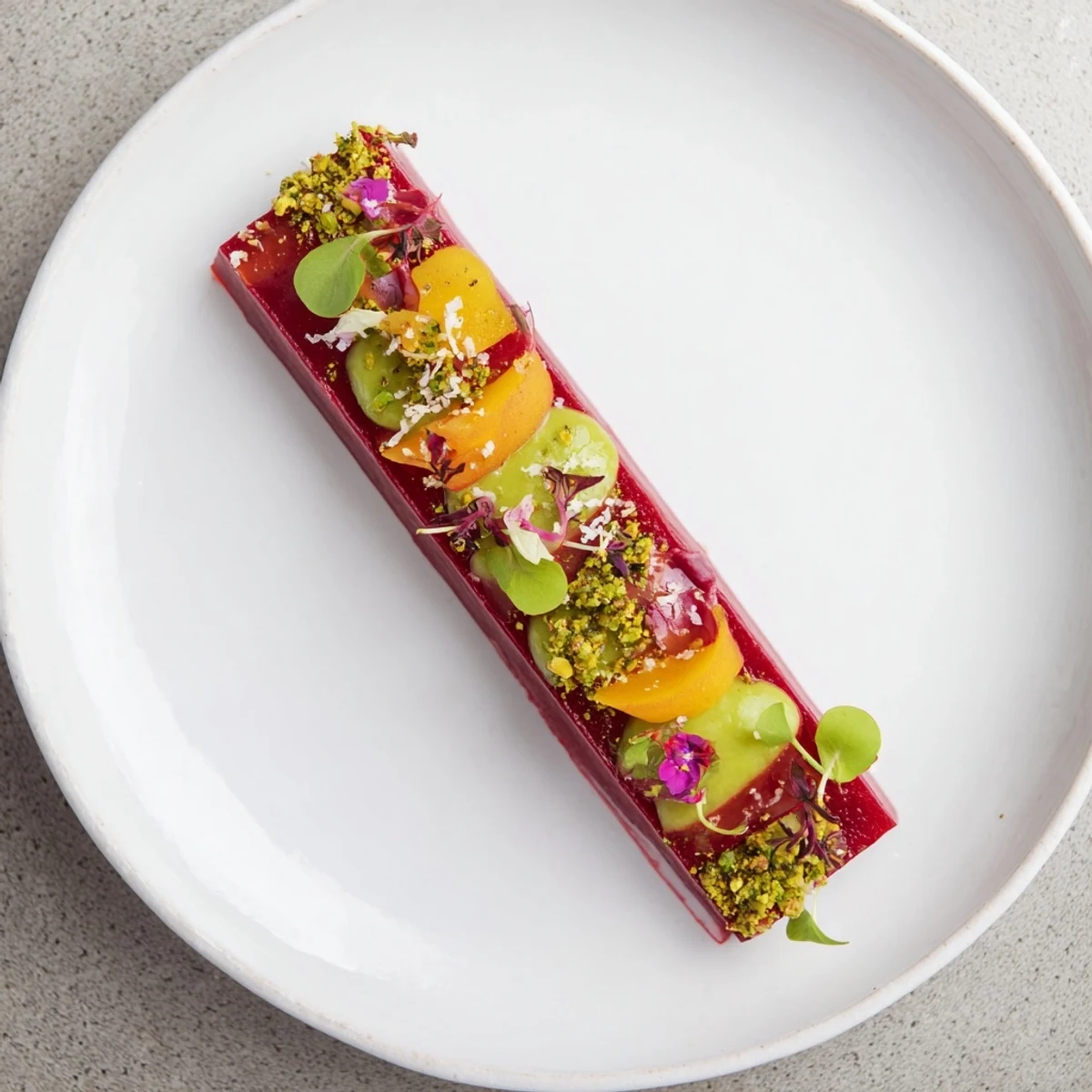 The Modernist Stripe features vibrant layers of beet purée, avocado cream, and carrots with microgreens.