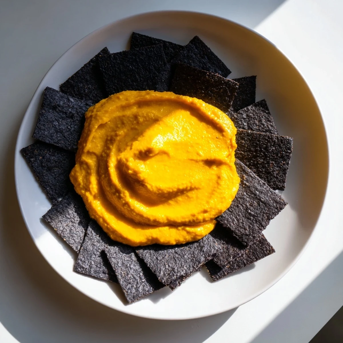 Creamy roasted carrot dip, at the center of this Midnight Sun, surrounded by charcoal crackers.