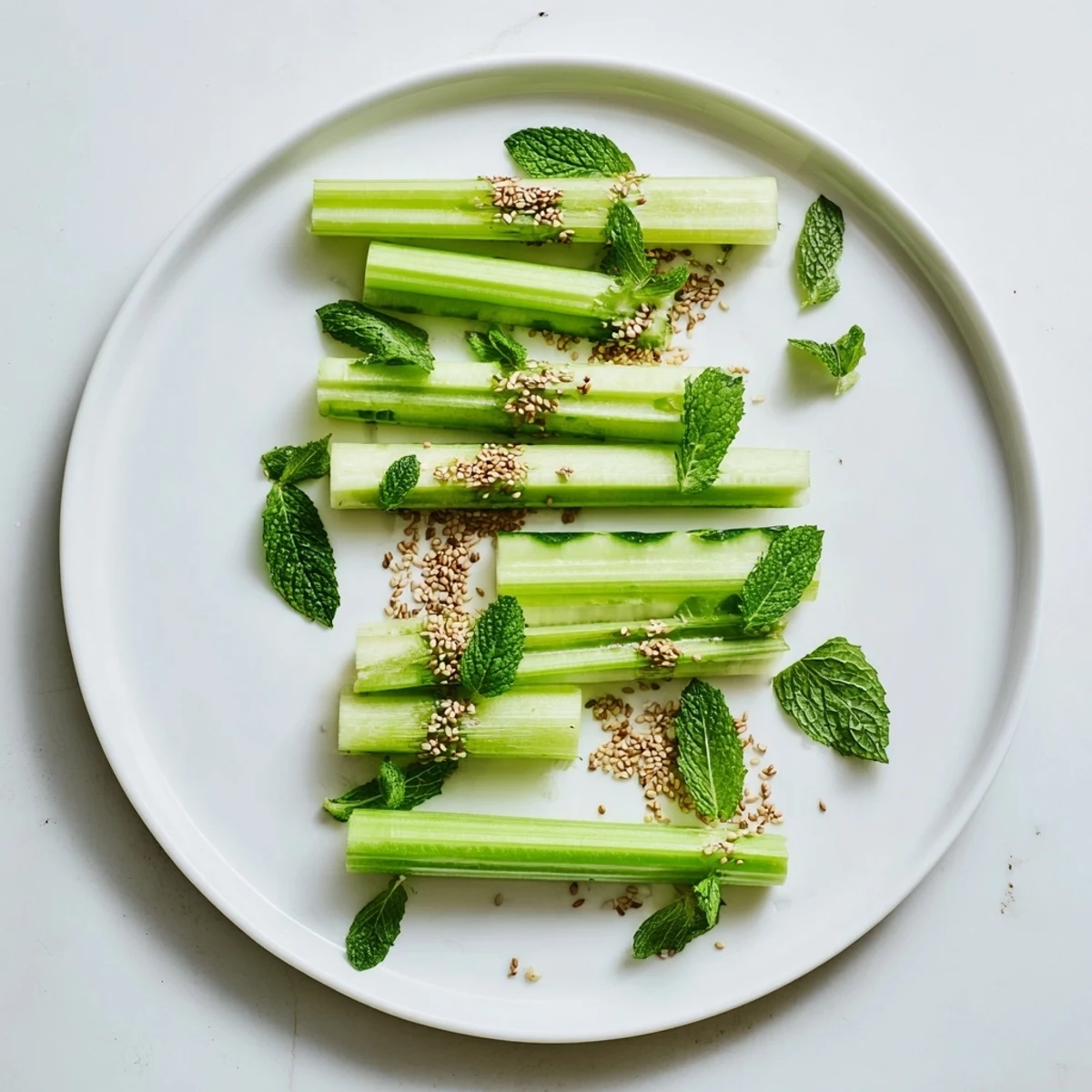 Crisp celery and cucumber The Bamboo Zen appetizer beautifully arranged on a minimalist platter, perfect for light eating.