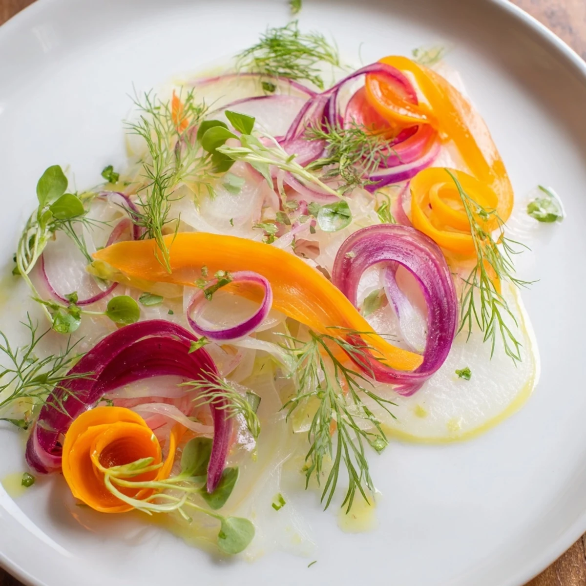 Vibrant "Spinning Top" salad with colorful, thinly shaved vegetables and fresh herbs, ready to serve.