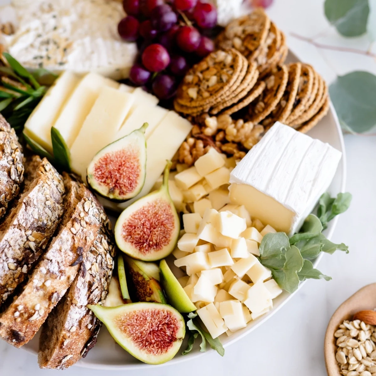 A perfect photo depicts The Harvest Scythe: artisan breads, fresh fruit, and grains arranged beautifully for sharing.