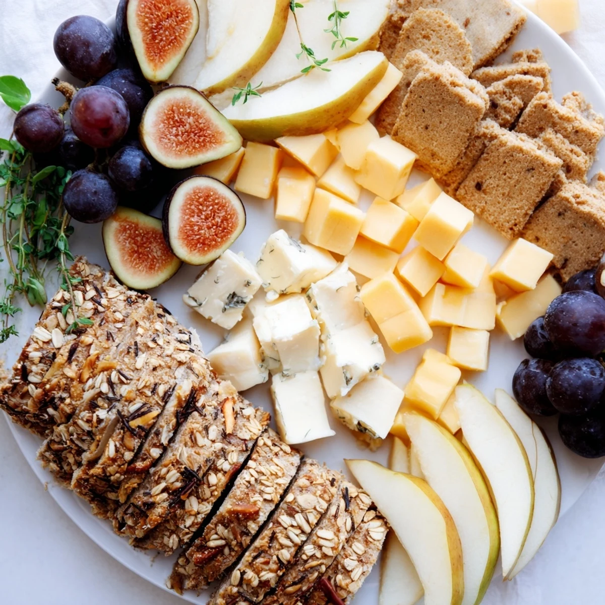 The Harvest Scythe bread and fruit platter, overflowing with colorful fruits, grains, and crusty bread slices.
