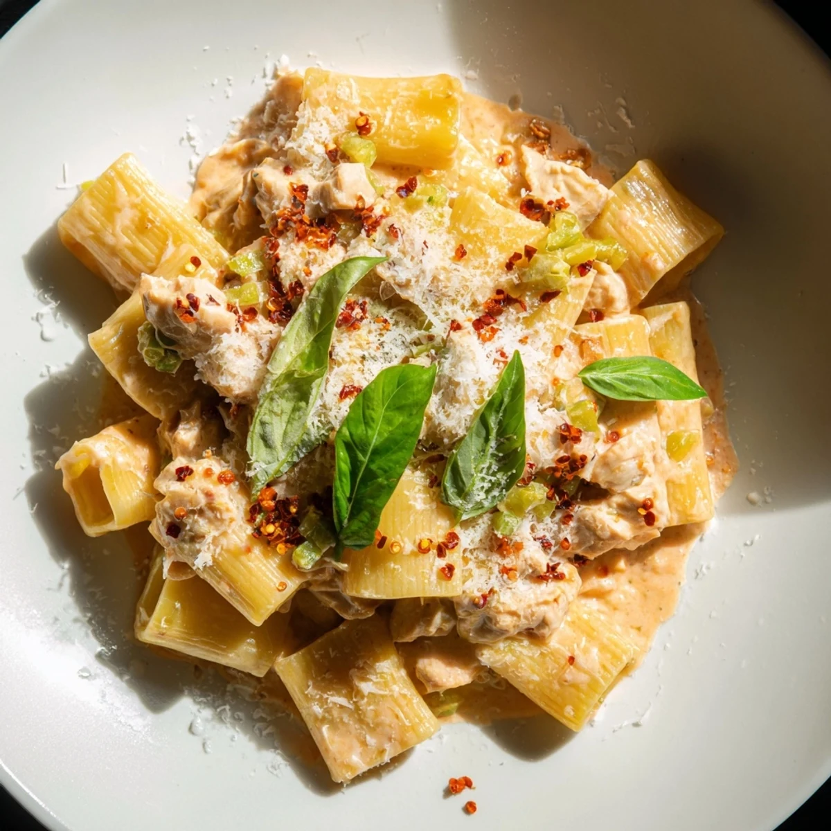 Creamy Spicy Vodka Chicken Pasta, topped with fresh basil and Parmesan, steams appealingly.