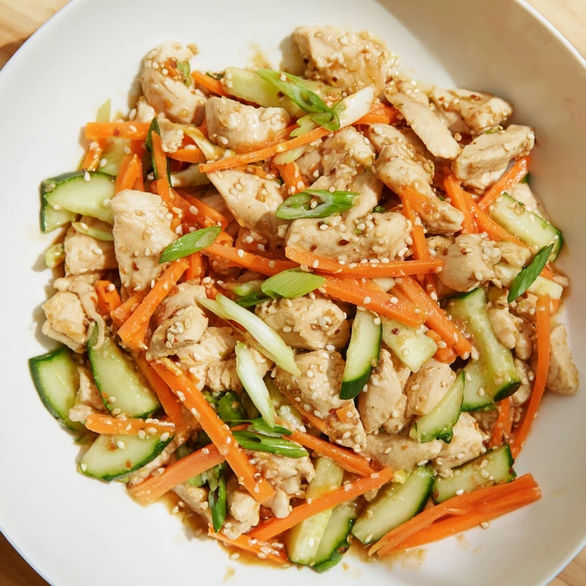 Deli Container Shaker Chicken Salad with crisp cucumber and a vibrant soy-sesame dressing, ready to enjoy.