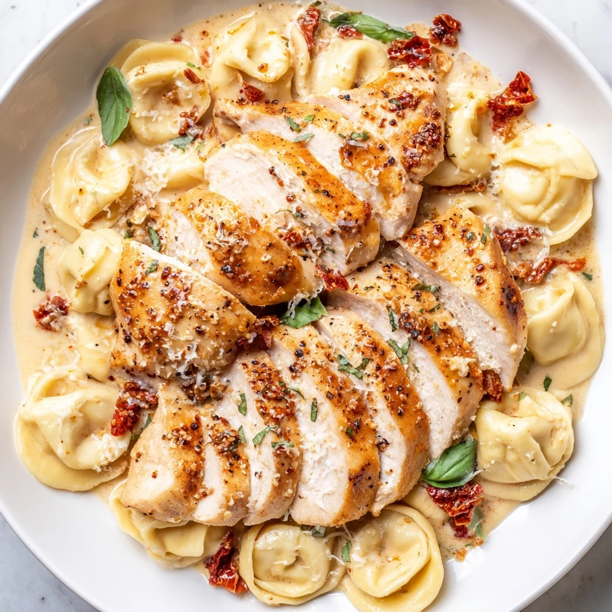 This decadent Marry Me Chicken Tortellini recipe features sliced chicken nestled in luscious creamy sauce.