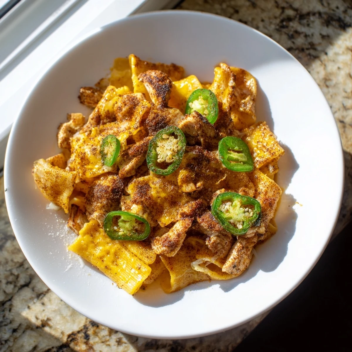 Pasta chip nachos featuring melted cheddar and spicy chicken, ready to enjoy.