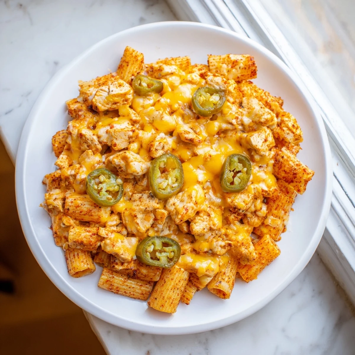 Delicious pasta chip nachos topped with taco chicken, jalapeños, and creamy melted cheese; perfect snack!