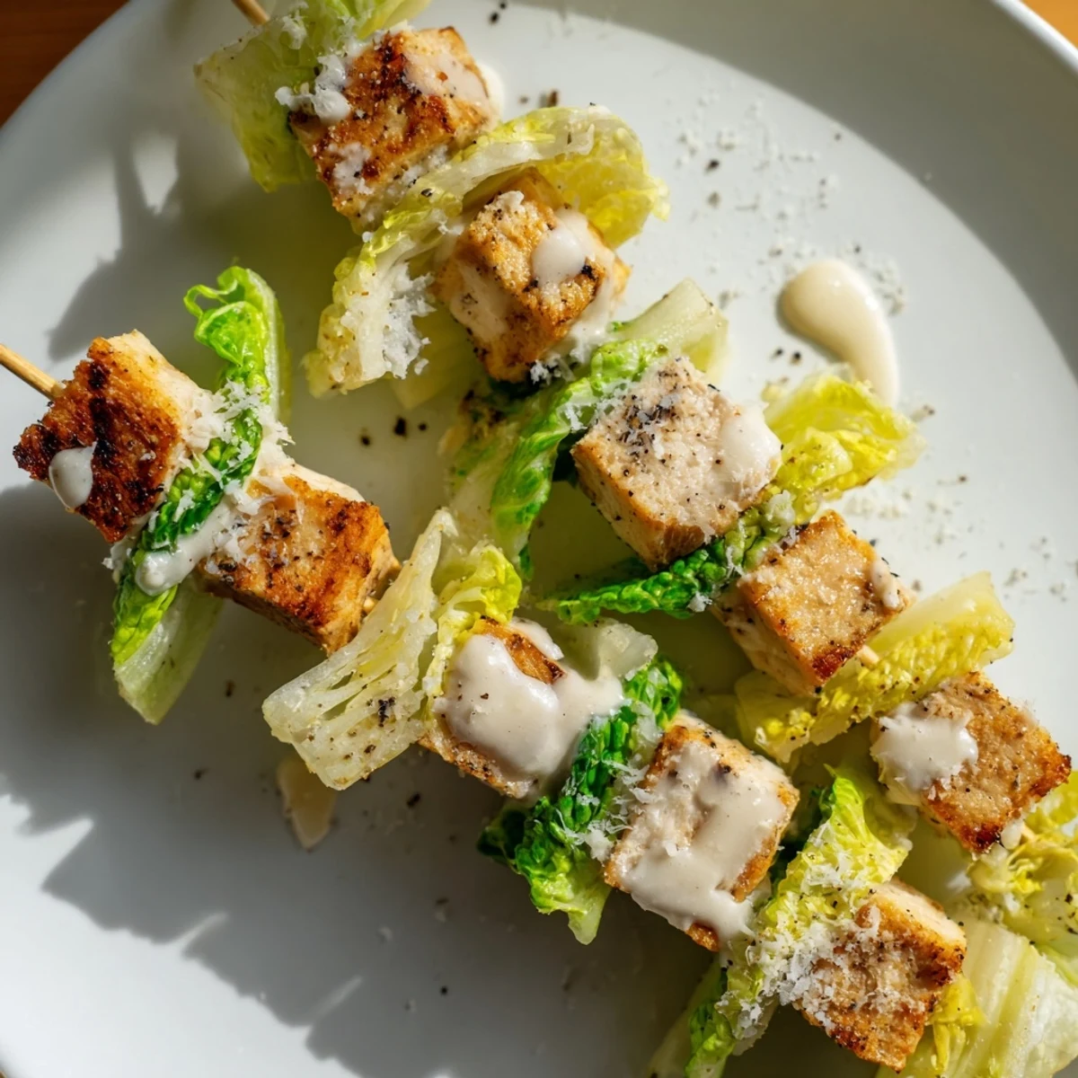 Delicious Chicken Caesar Salad Skewers, a delightful mix of chicken, romaine, croutons, and Caesar dressing.