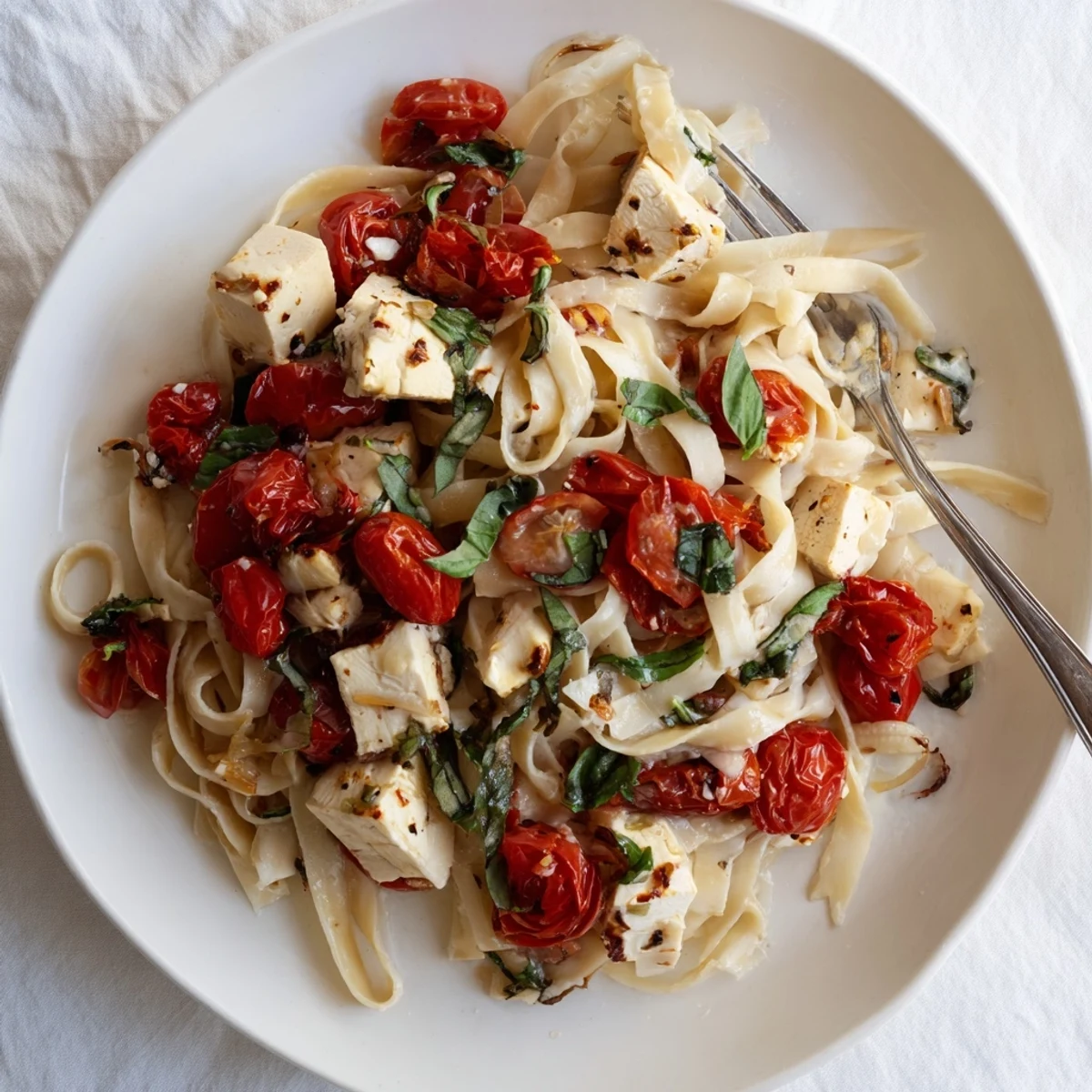 Baked Brie Pasta Sauce with melted brie and cherry tomatoes, tossed with perfectly cooked fettuccine.