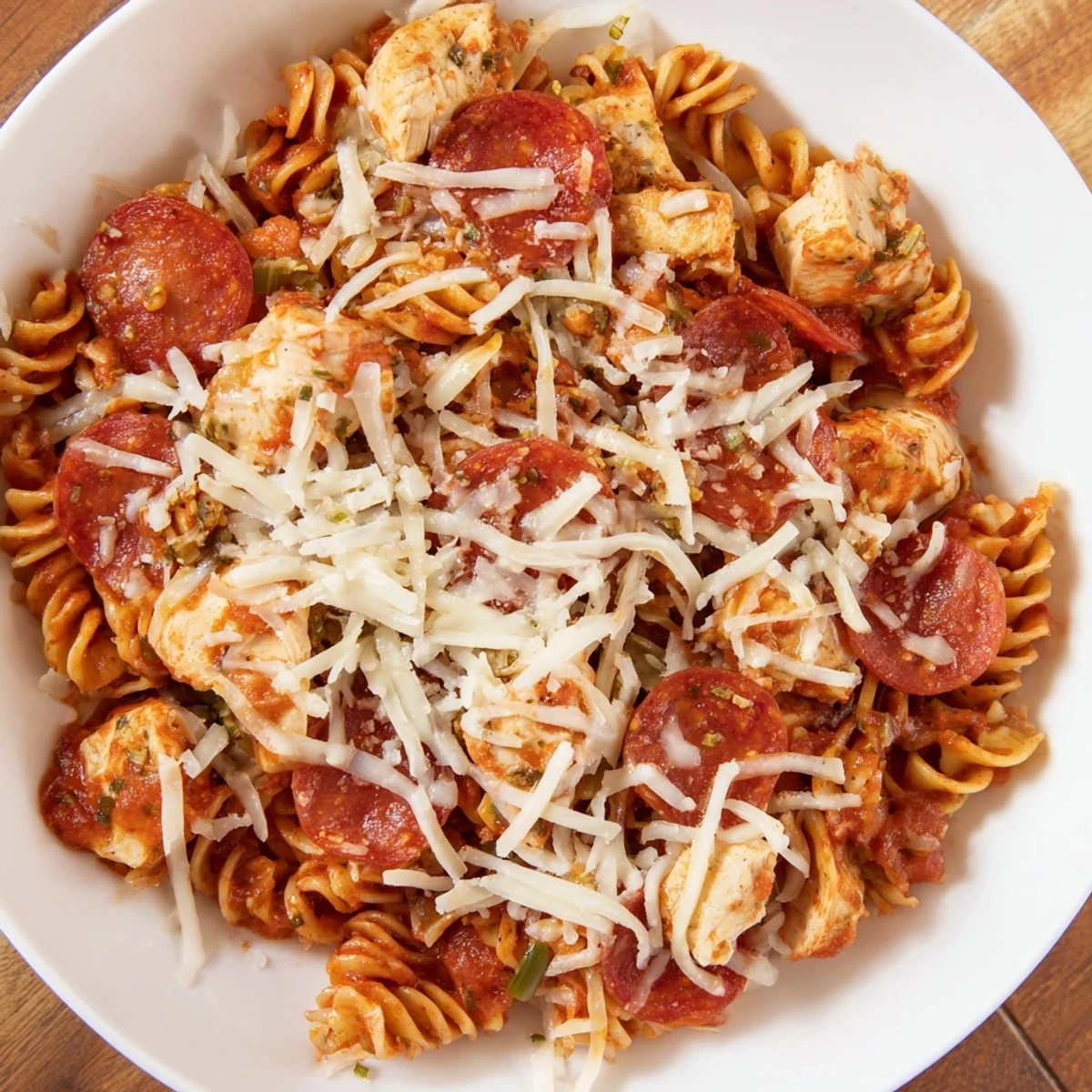 One-Pan Pizza Pasta, a bubbling skillet filled with melted cheese and flavorful rotini, ready to serve.
