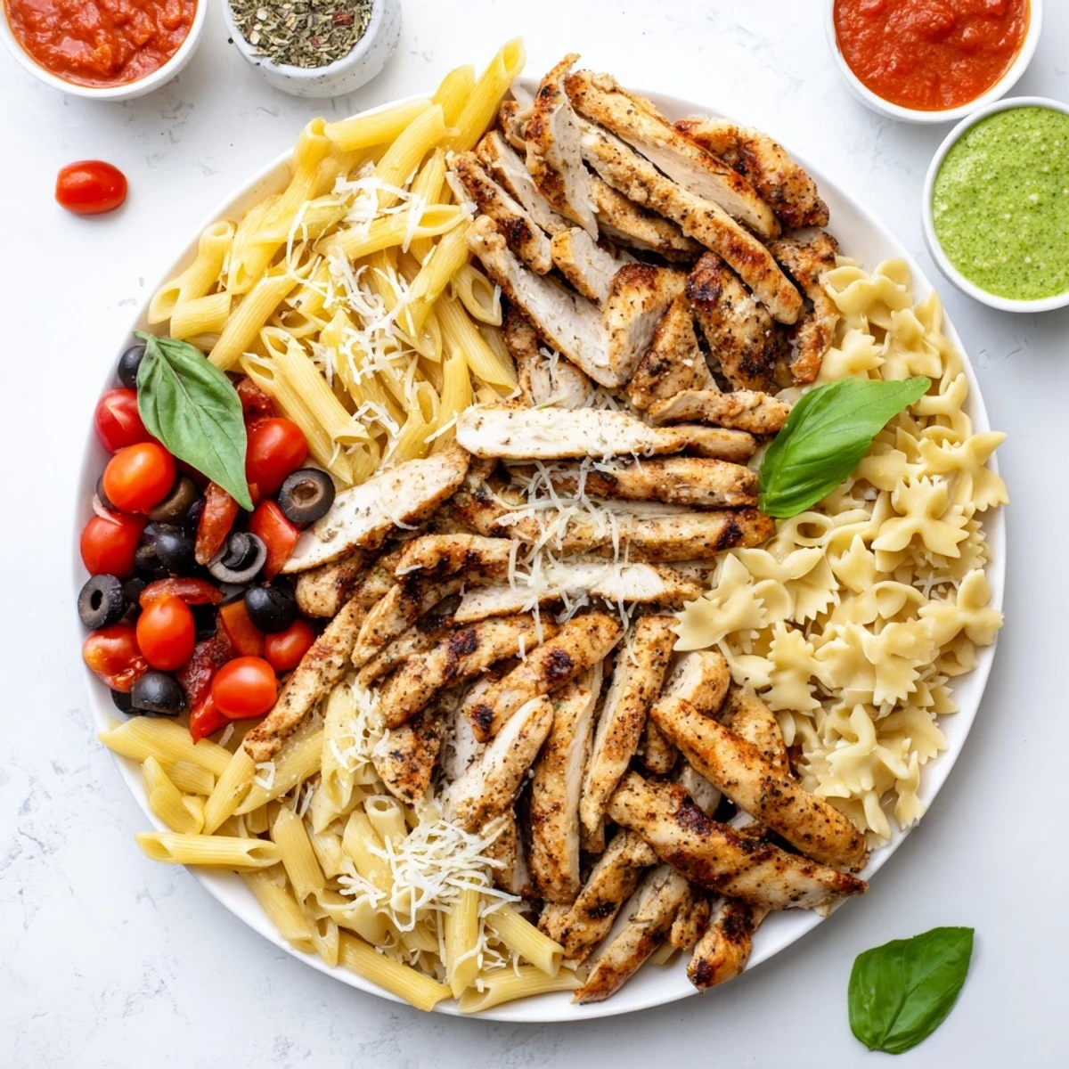 A vibrant Girl Dinner Pasta Board, with twirls of pasta, juicy chicken, and colorful toppings ready to enjoy.