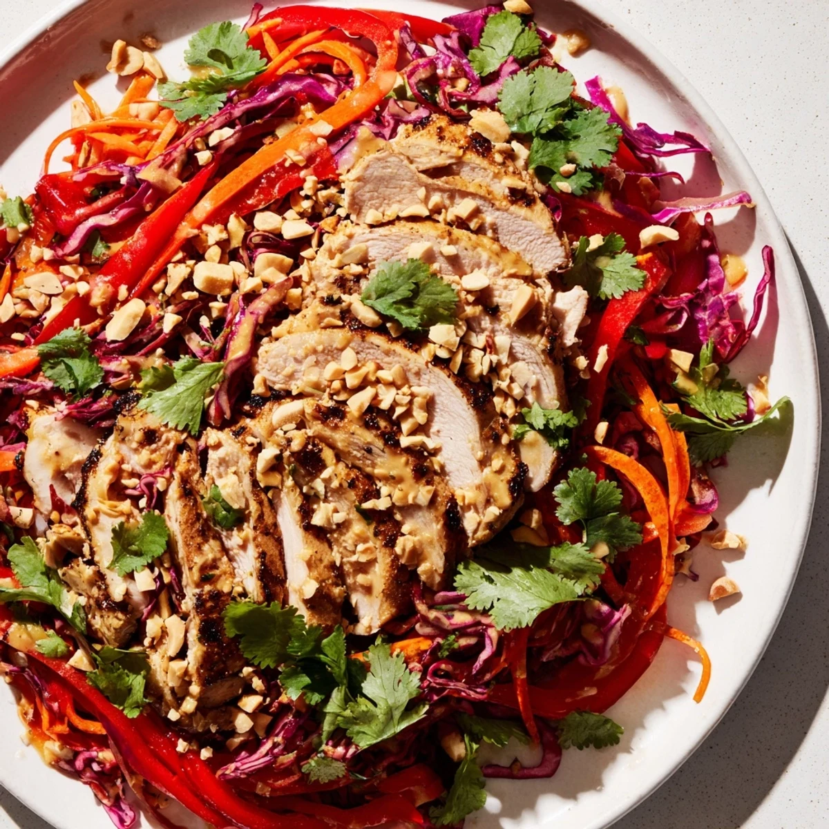 Sliced, grilled chicken atop vibrant Carrot Ribbon and Chicken Slaw, ready for a fresh, flavorful bite.