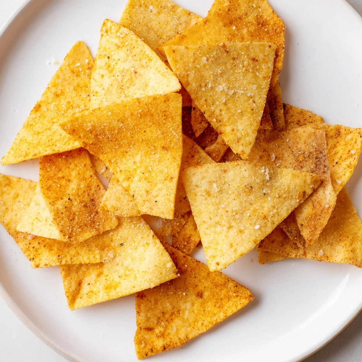 Golden, crispy Homemade Air-Fryer Tortilla Chips, perfectly seasoned and ready for dipping in salsa.