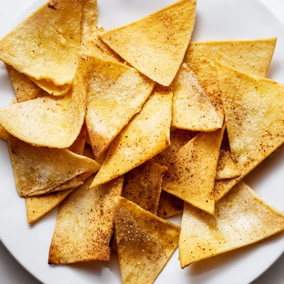 Freshly made Homemade Air-Fryer Tortilla Chips stacked, a crunchy snack with a hint of spice, served with guacamole.